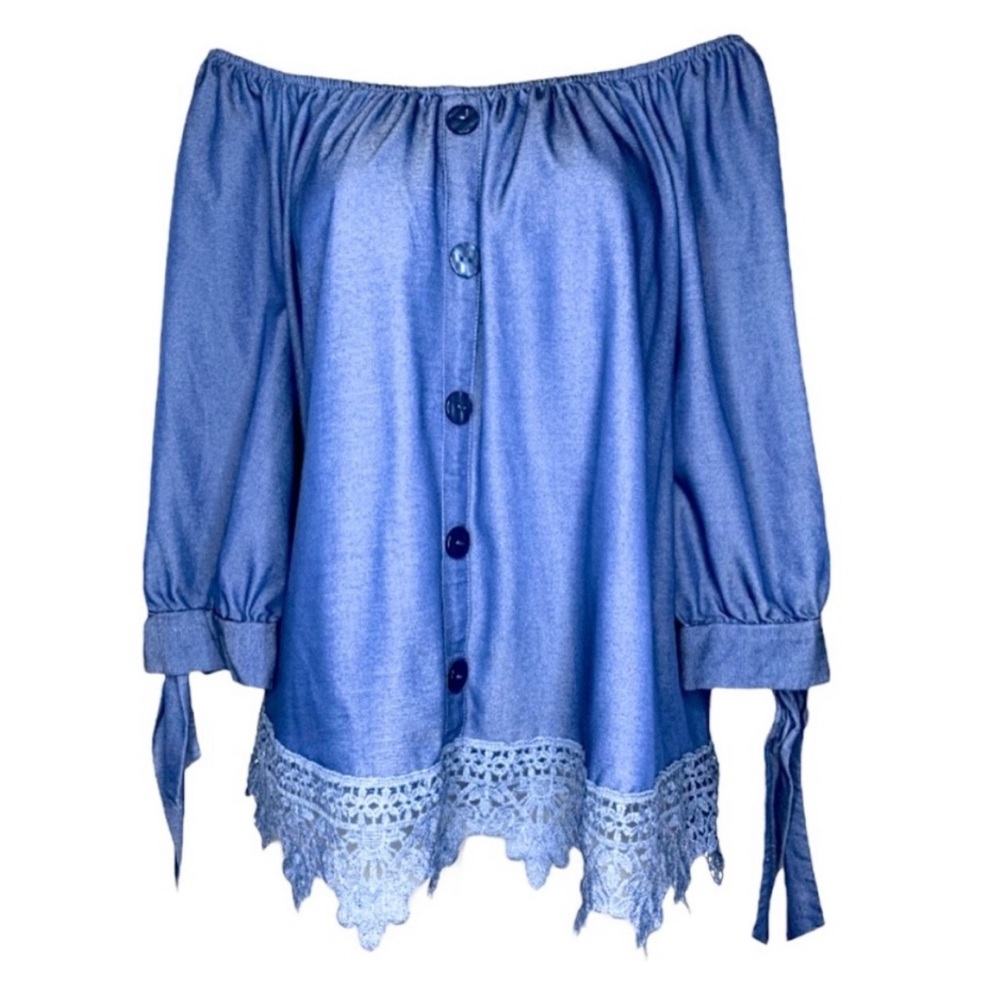Unique Spectrum Crochet Hem Off the Shoulder Button Front Bow Cuff Top Blue 1X